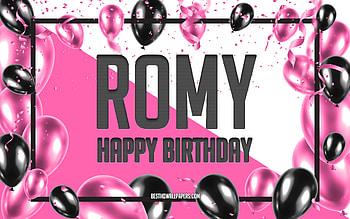 Happy Birtay Romy, Birtay Balloons Background, Romy, with names, Romy Happy Birtay, Pink Balloons Birtay Background, greeting card, Romy Birtay HD wallpaper