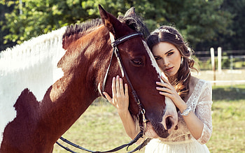 Two beauties, mireasa, horse, girl, cal, bride, beauty, woman HD wallpaper