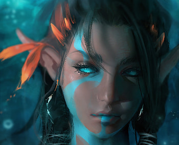 Elf, blue, art, fantasy, face, trungbui42, girl, zed HD wallpaper
