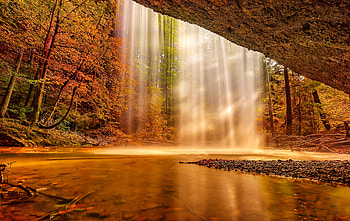 Waterfall in the woods, orange, mountain, sunlight, nature, travel HD wallpaper