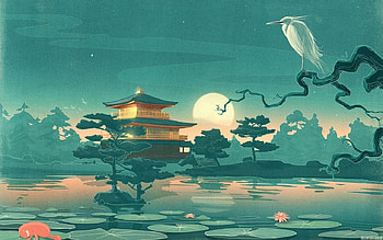 Moonlight, moon, bird, asian, luna, pasari, water, night, blue, art, fantasy HD wallpaper