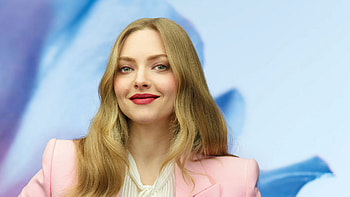 Smiley Amanda Seyfried Is Standing In Light Blue Blur Background Wearing Pink Dress Girls HD wallpaper