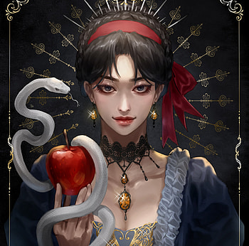 Snow White, snake, minmul, red, face, apple, girl, dark, fantasy HD wallpaper