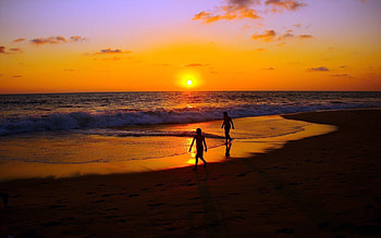 People, Nature, Sunset, Sea, Beach, Sand, Silhouettes, Traces HD wallpaper