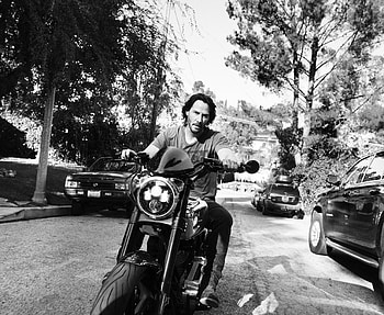 Keanu Reeves, on bike, actor, monochrome HD wallpaper