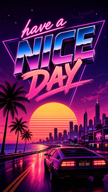 Nice Day Neon | Retro : Have a Nice Day | Vaporwave Sunset: Nice Day | Palm Drive, Sports Car, Neon Sign, City Skyline, Palm Tree HD phone wallpaper