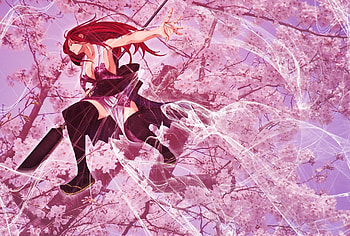 Erza Scarlet, fairy tail, thigh highs, red hair, long hair, tree, anime, pink background, weapon HD wallpaper