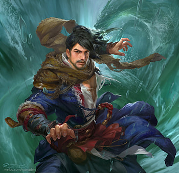 Dragon oath, robin ruan, fantasy, green, man, dragon, water, wave HD wallpaper