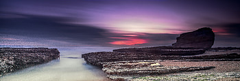 Coast, sunset, rocks, mist, skyline HD wallpaper