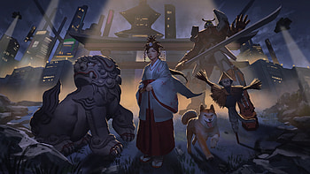 Wizard of Oz - Oriental version, girl, dorothy, caine, dog, wizard of oz, kimono, asian, art, lion, dark, fantasy, thanumpa mohprasit HD wallpaper