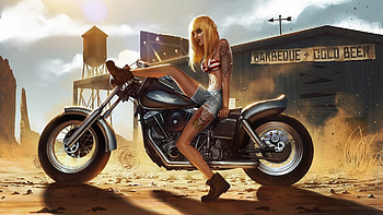 biker chick, tower, house, motorcycle, club, girl, water HD wallpaper