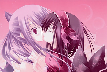 sweet kiss, sexy, kimono, cute, dress, purple, pink, anime, red, girls, female HD wallpaper