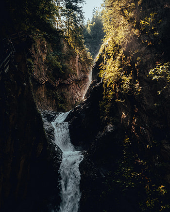 Nature, Trees, Rocks, Waterfall, Bridge, Tourists HD phone wallpaper