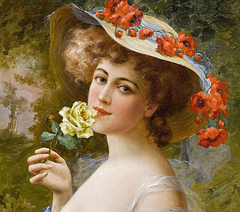The rose, art, girl, woman, summer, rose, painting, poppy, pictura, flower, red, hat HD wallpaper