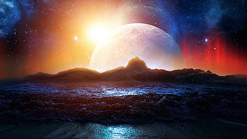 Planet Rise, sun, sunset, island, sea, universe, colors, stars, digital, planet, moon, space, sky, ocean HD wallpaper