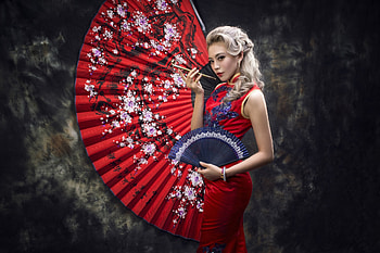 Beauty, blue, model, asian, blonde, girl, fan, woman, hand fan, red HD wallpaper