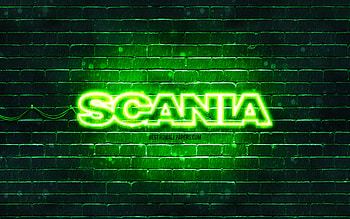 Scania green logo, , green brickwall, Scania logo, brands, Scania neon logo, Scania HD wallpaper