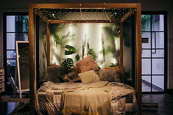 Luxurious modern bedroom with plants and string lights, creating a cozy ambiance. HD wallpaper
