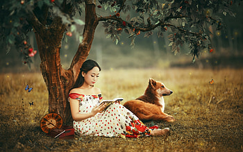 My moment, dog, summer, asian, red, apple, girl, woman, tree HD wallpaper