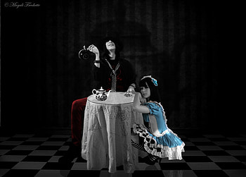 Private tea party, girl, black, tea, dark HD wallpaper