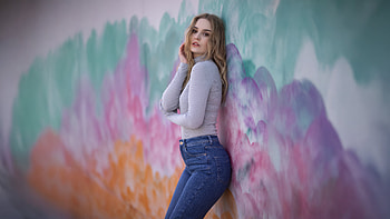 Blonde Girl Model Standing Aside Wall, blonde, girls, model HD wallpaper