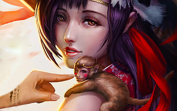 Sweet Friends, sweet, monkey, asian, art, cute, girl, beautiful, woman, digital, fantasy, pretty, girl and monkey HD wallpaper