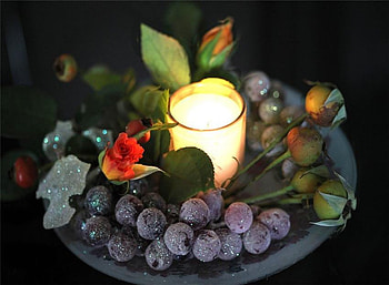 Ready for the Table, still life, roses, plate, glow, candle, light, frosted grapes HD wallpaper