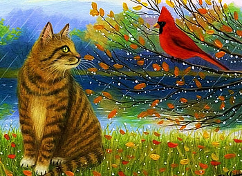 Small Talk, artwork, leaves, painting, autumn, cat, cardinal HD wallpaper