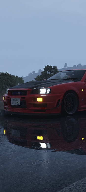 Nissan Skyline R34 GTR, automotive lighting, red, rain, skyline gtr, car, assetto corsa, mbd_design HD phone wallpaper