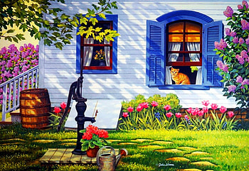 Sunlight and shadow, flowers, pump, house, painting, garden, spring HD wallpaper