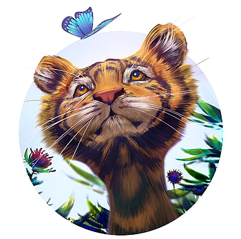 Butterfly's journey, tiger, fantasy, butterfly, art, cute, face, tigru, orange, andre boulard HD wallpaper