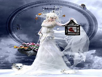seasons, flower, cage, fox, cardinal, rabbit HD wallpaper