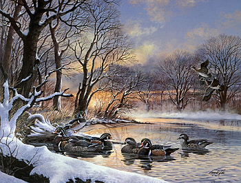 Flock of ducks, Dawn, Painting, Winter, Sunset HD wallpaper