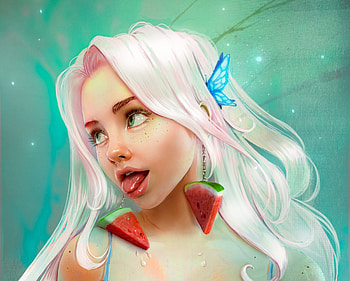 Watermelon earrings, blue, frumusete, gorgeous, girl, watermelon, superb, summer, earrings, pepene, red, aleksandra cabel, face, luminos, tongue, vara HD wallpaper