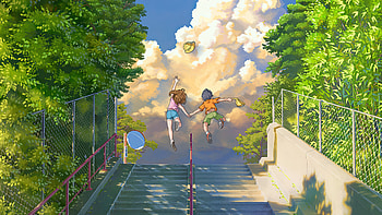 Two Young Best Friends Childhood Joy In Motion, school, girl, boy, kid, trees, stairs, sky, clouds, artist, artwork, art, digital-art, artstation HD wallpaper