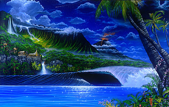 Hanalei bay, night, bay, waves, Hawaii, moonlight, painting, volcano, ocean, palms, sea, art, tropics, exotic, mountain, summer, waterfall, sky, evening HD wallpaper
