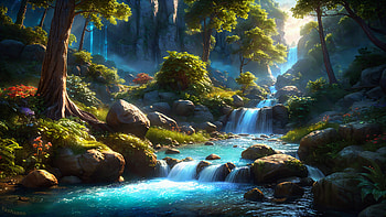 Enchanting AI Art: Serene Forest Stream & Waterfall Wonderland, stream, forest, artistic, AI Art, waterfall HD wallpaper