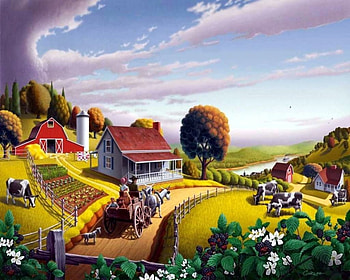 Home to the Farm, dog, barn, house, landscape, people, artwork, cows, painting, blackberries, fence, trees, donkeys, flowers, cart HD wallpaper