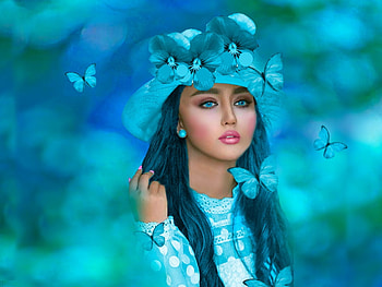 Delicate Blue, white, black, green, girl, dress, hat, blue, soft, butterflies, delicate HD wallpaper