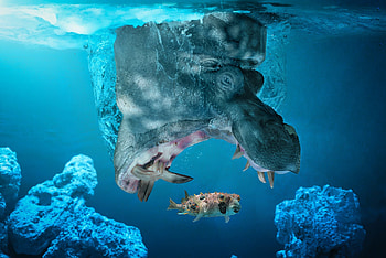 Wildlife, blue, sea, rhino, john wilhelm, creative, fantasy, fish, water HD wallpaper