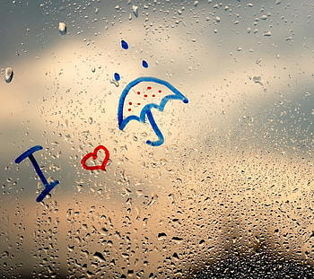 I Love Rain, love, rain, artist, glass, drops, umbrella HD wallpaper