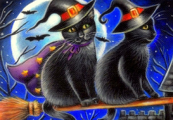 Flying Together, cats, broom, paintings, stars, love four seasons, halloween, holiday, animals, witches, hats, moons HD wallpaper