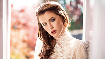Gorgeous, aqua eyes, girl model, white dress, model HD wallpaper