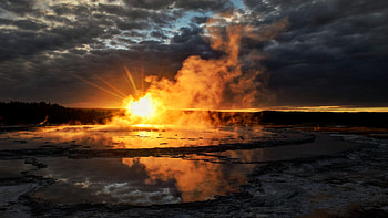 Great Fountain Geyser at Sunset - Yellowstone National Park, Wyoming, clouds, colors, sky, fire, usa HD wallpaper