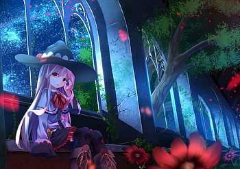 Waiting, blue, kagayan1096, girl, witch, anime, petals, flower, red, manga, hat HD wallpaper