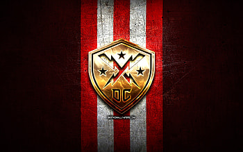 DC Defenders, golden logo, XLS, red metal background, american football team, DC Defenders logo, american football HD wallpaper