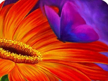 Garden Delight, garden, bright orange flower, art, purple butterfly HD wallpaper