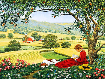 High Horizons, flowers, tree, painting, landscape, fields, girl HD wallpaper