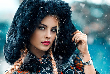 Beauty, blue, winter, black, model, girl, alessandro di cicco, hand, woman, hood, face HD wallpaper