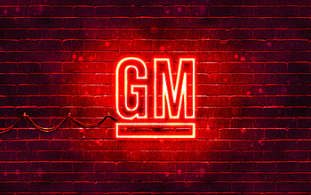 General Motors red logo, , red brickwall, General Motors logo, cars brands, General Motors neon logo, General Motors HD wallpaper